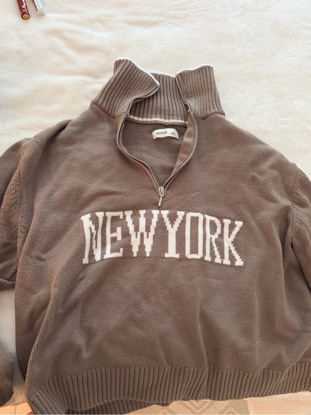 Hollister Taupe Half-Zip Knit Pullover